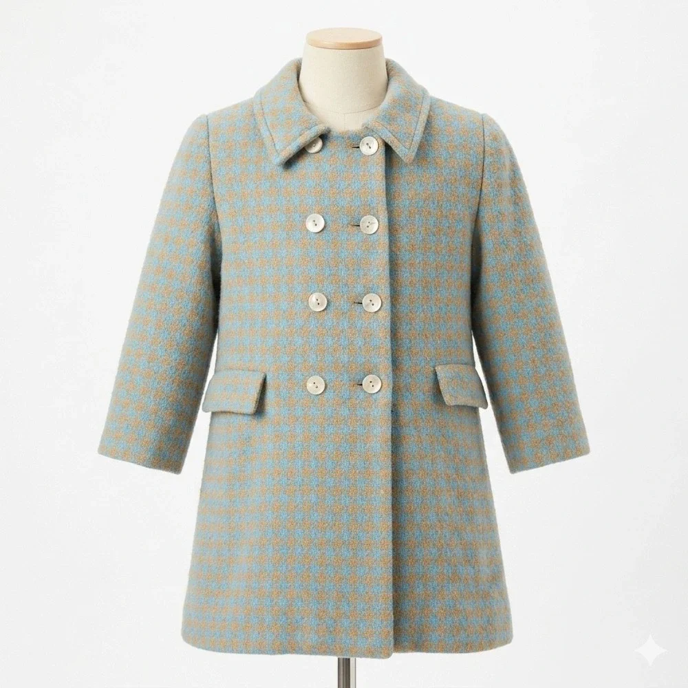 Charabia Paris Coat Girls 4‎ Blue Brown Houndstooth Wool Double Breasted French